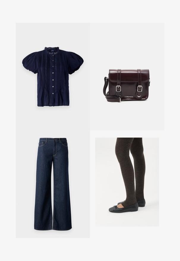 Blouse bleu marine à manches courtes avec un col à volants, présentant des plis verticaux et des boutons en argent sur le devant. Tissu léger.; Jean large en denim bleu foncé. Présente des coutures contrastées, cinq poches et une fermeture par bouton à la taille. Texture lisse.; Chaussures plates noires avec un petit nœud au niveau des orteils, associées à des collants côtelés marron foncé. Les chaussures ont une texture lisse et un profil bas.; Sac à bandoulière en cuir verni bordeaux, de forme rectangulaire, avec deux bandoulières, des accessoires en argent et une fermeture à rabat.