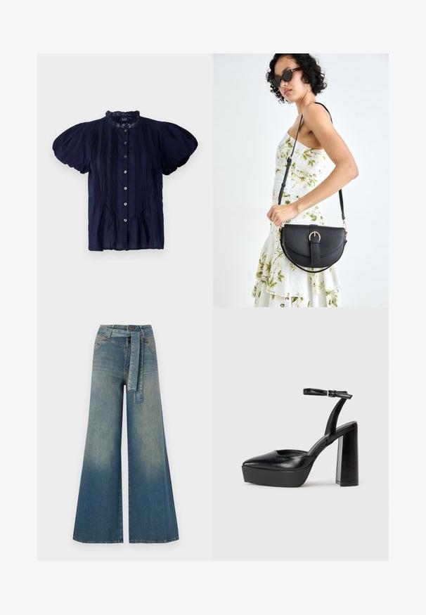 Blusa blu navy a maniche corte con colletto arricciato, caratterizzata da pieghe verticali e bottoni argentati sul davanti. Tessuto leggero.; Pantaloni in denim a gamba larga con una sfumatura che va dal blu chiaro al blu scuro, vita alta, passanti per cintura e una cintura in tessuto coordinato. Finitura in denim strutturato.; Tacchi a piattaforma neri con punta appuntita e cinturino regolabile alla caviglia. Realizzati in pelle liscia, presentano un tacco a blocco spesso.; Borsa a tracolla nera in pelle con una forma curva, manico rimovibile e accessori dorati. La borsa presenta una patta con un dettaglio a fibbia.