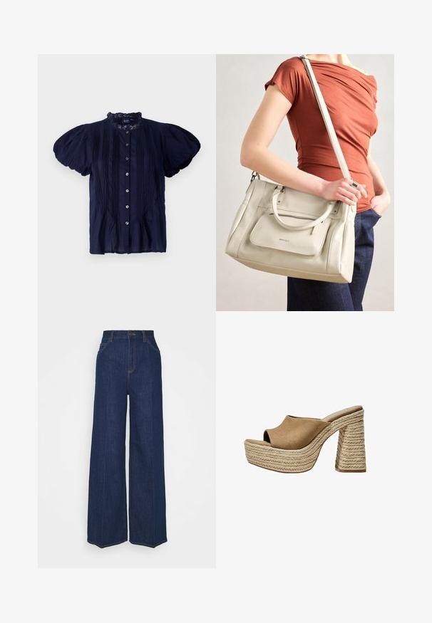 Tengerészkék, rövid ujjú blúz, fodros nyakkivágással, függőleges redőkkel és ezüst gombokkal az elején. Könnyű anyag.; Magas derekú, széles szárú sötétkék farmernadrág elöl és hátul zsebekkel, gombos záródással és látható varrási részletekkel.; Barna velúr platform mules, nyitott orral, vastag, fonott juttalány sarkukkal és sima, kerek felső konstrukcióval.; Fehér bőr táska dupla füllel és levehető pánttal, elülső cipzáras zsebbel és sima textúrával. Egy személy karján hordva.