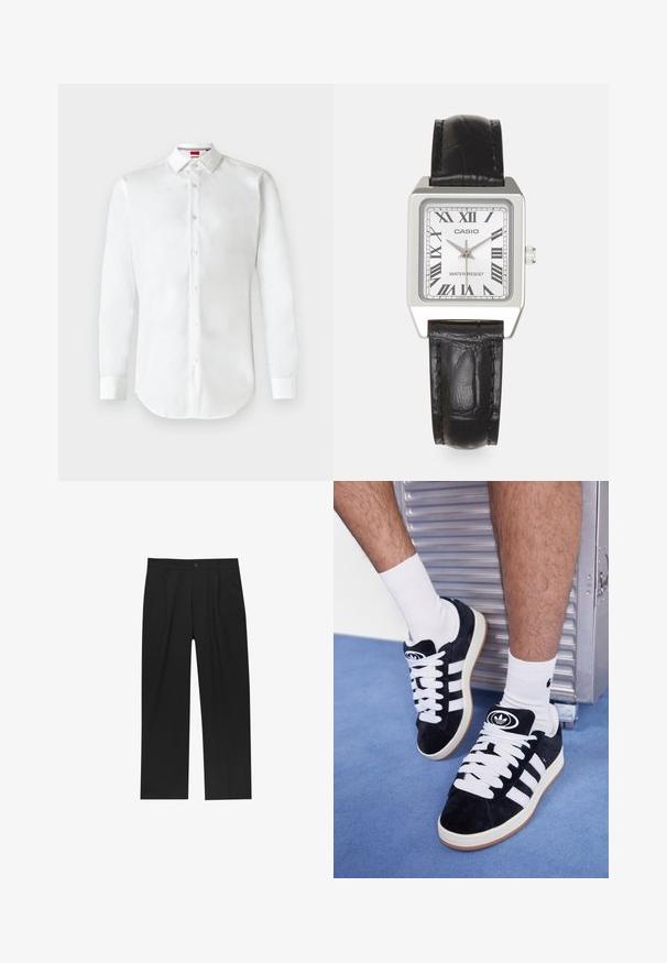 Weißes Hemd mit langen Ärmeln und Knopfleiste aus Baumwolle. Verfügt über einen klassischen Kragen, eine Frontknopfleiste und einen abgerundeten Saum. Einfaches und schlichtes Design.; Schwarze Hose mit geradem Schnitt, aus einem glatten Stoff gefertigt. Verfügt über Vorderfalten und einen einzelnen Knopfverschluss an der Taille.; Schwarze Wildledersneaker mit weißen Schnürsenkeln und drei weißen Streifen. Verfügt über ein kreisförmiges schwarzes Logo auf der Zunge und eine Gummisohle.; Silbernes quadratisches Armband mit einem weißen Ziffernblatt, schwarzen römischen Ziffern und dem Text "WASSERDICHT". Schwarzes Lederarmband mit strukturiertem Finish.