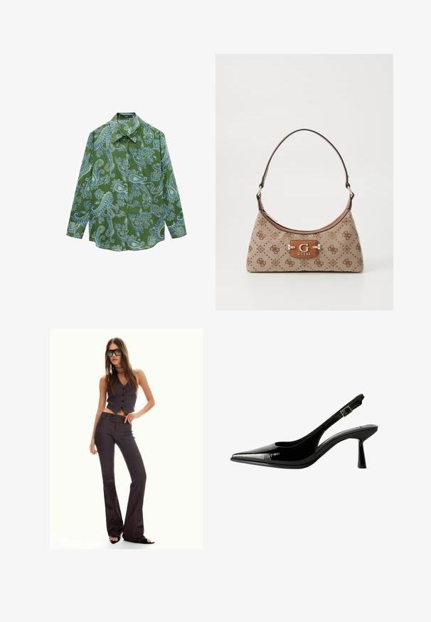 Zielona koszula z długim rękawem z niebieskim wzorem paisley, wykonana z lekkiego materiału, z klasycznym kołnierzykiem i zapięciem na guziki.; Brązowa kamizelka w prążki, krótka, z rozszerzanymi spodniami, z guzikami i teksturowanym materiałem. Czarne buty na otwartym nosku i oversize'owe okulary przeciwsłoneczne.; Czarne lakierowane pantofle na obcasie typu slingback z ostrym noskiem, wyciętymi bokami, regulowanym paskiem na kostce i cienkim, smukłym obcasem.; Torba tote w beżowym materiale z brązowymi wzorzystymi akcentami. Posiada zakrzywiony kształt, pojedynczy pasek oraz plakietkę z logo z przodu z srebrnymi elementami.