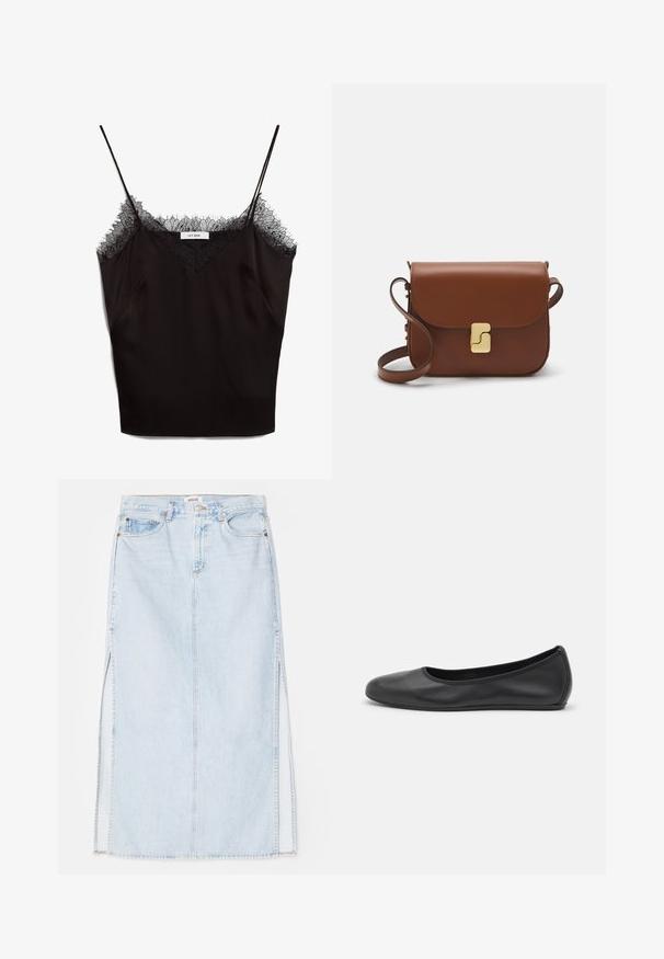 Fekete selyem camisole, állítható pántokkal, csipkés díszítéssel a nyaknál. A kialakítás V-nyakú, és oldalzsebekkel rendelkezik.; Világoskék farmer maxi szoknya egyenes szabással, oldalsó hasítékokkal és öt zsebes kialakítással. Kiemelkedő varrás és fém gombos zárás.; Fekete bőr balettcipő lekerekített orral, sima tekstúrával, minimális varrással és rugalmas talp kialakítással.; Barna bőr kézitáska, hajtókás zárással, arany színű fém kiegészítőkkel, vállpánttal és sima felülettel. Kompakt téglalap alakú.