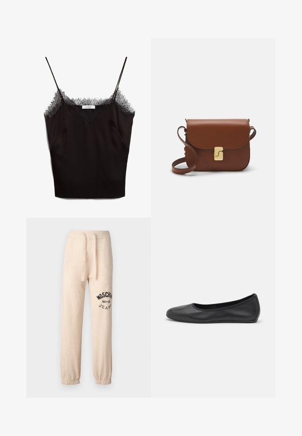 Czarna satynowa koszulka na ramiączkach z regulowanymi paskami, z koronkowym wykończeniem przy dekolcie. Projekt obejmuje dekolt w kształcie litery V oraz boczne kieszenie.; Beżowe spodnie dresowe z elastycznymi mankietami i paskiem. Na lewym udzie znajduje się czarny nadrukowany logo "MOSCHINO 86 ❤ 23 JEANS". Miękka tekstura.; Czarne skórzane baletki z zaokrąglonym noskiem, gładką fakturą, minimalnymi przeszyciami i elastycznym designem podeszwy.; Brązowa skórzana torebka na ramię z klapką, złotymi detalami, paskiem na ramię i gładką teksturą. Kompaktowy prostokątny kształt.
