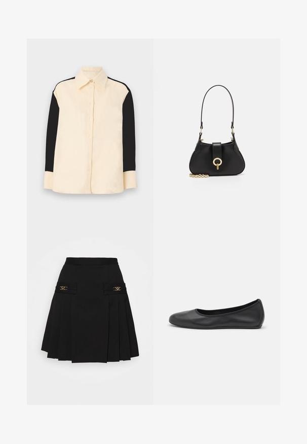 sandro CHEMISE - Paitapusero - ecru; Musta laskostettu hame kullansävyisillä yksityiskohdilla. Sivutaskut logotiedoilla, valmistettu sileästä materiaalista. A-linjainen siluetti.; Musta nahkainen ballerina, jossa on pyöristetty kärki, sileä pinta, minimaalinen ommelkoristelu ja joustava pohjamuotoilu.; sandro JANET - Käsilaukku - noir