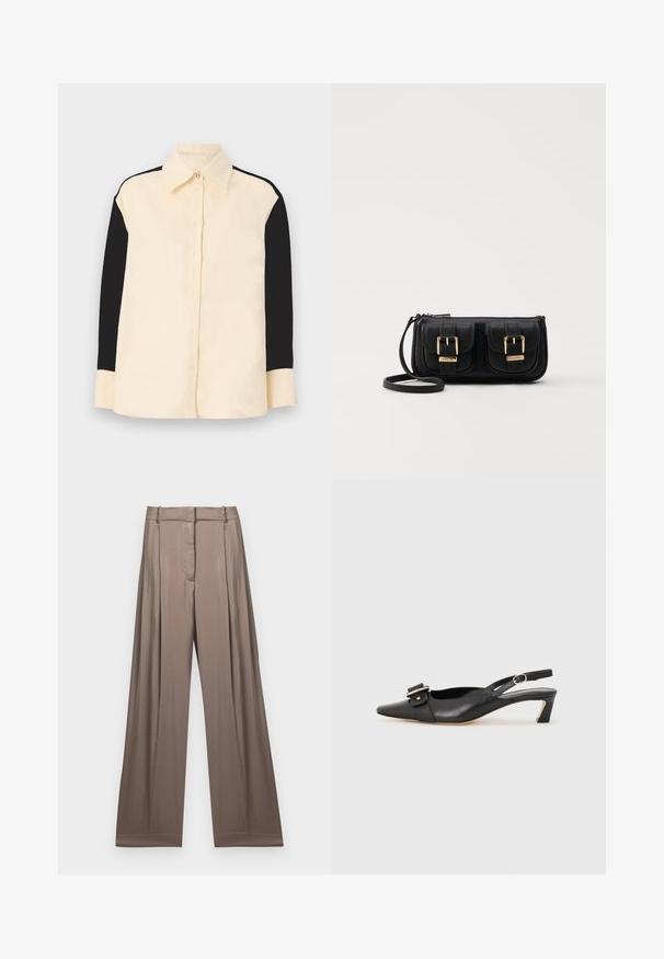 sandro CHEMISE - Užsagstoma palaidinė - ecru; Plati kojinės kelnės iš prislopintos taupe spalvos, pagamintos iš lygaus audinio su satino apdaila. Turi pritaikytą liemenį ir subtilius raukšlėjimus.; Juodas odinis slingback batelis su smailiu nosiu, maža pakulne ir dekoratyvine sagtimi viršuje. Lygus paviršius, minimalistas dizainas.; Juodas odinis per petį nešiojamas krepšys su dviem priekiniais kišenėmis, auksiniais sagtimis, užtrauktuko uždarymu ir siauromis petnešomis. Textūruota paviršius ir kompaktiškas stačiakampis formatas.