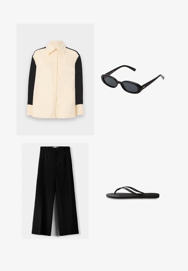 sandro CHEMISE - Gombos blúz - ecru; Fekete, bő szárú nadrág, könnyű anyagból, elöl gombos záródással és sima elfröccsenésű fazonnal, szépen varrott szegélyekkel.; Fekete papucs texturált gumitalppal, két vékony pánttal és finom, domború logóval a pánton.; Fekete, oversize napszemüveg ovális lencsékkel, sima műanyag kerettel és arany részletekkel a fülpánton. Sötét lencséi védelmet nyújtanak a napfény ellen.