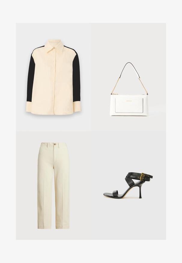 sandro CHEMISE - Skjortebluse - ecru; Beige bukser laget av bomull, med rett snitt, en enkelt knappåpning og synlige frontfold. Renslig søm og uten mønstre.; Svarte hælsandaler med kryssende stropper og justerbar spenne. Har en jevn tekstur og avsmalnende stilettoklakk.; Hvit lærveske med teksturert overflate, utstyrt med gullkjede for å bære over skulderen og svarte detaljer. Inkluderer en frontlomme og glidelås.