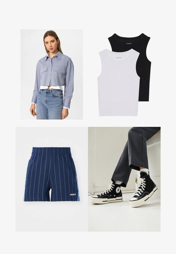 Beskarvet blå chambray-skjorte med lange ærmer, to brystlommer og hvid krave, lagd over en hvid skjorte.; To stribede toppe i sort og hvid, lavet af ribbet bomuld, med runde halsudskæringer og en tætsiddende pasform. Etiketter synlige på begge.; Mørkeblå shorts med hvide striber, elastisk talje og Adidas-logo. Har blå detaljer på siderne og er lavet af en bomuldsblanding.; Sorte lærred højhælede sneakers med gummitåhætte, hvide snørebånd og Converse-logo patch. Har kontrasterende hvid sål og syninger.