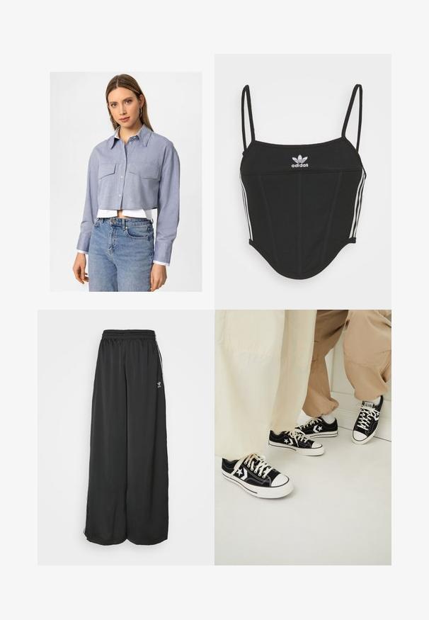 Gepolsterte blaue Chambray-Bluse mit langen Ärmeln, zwei Brusttaschen und weißem Button-Down-Kragen, über ein weißes Hemd getragen.; Schwarzes, geripptes Crop Top mit verstellbaren dünnen Trägern, das drei weiße Streifen an den Seiten und ein kleines weißes Adidas-Logo in der Mitte aufweist.; Schwarze, locker sitzende Jogginghosen aus glattem Material. Mit elastischem Bund und seitlichen Streifen mit Logo-Akzenten.; Schwarze Segeltuch-Sneaker mit weißen Gummisohlen, verziert mit weißen Sternakzenten und schwarzen Schnürsenkeln, kombiniert mit hellbeigen und cremefarbenen Hosen.