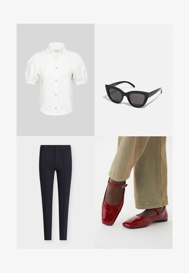 Vit blus med korta ärmar och puffärmar, knäppning framtill och krage. Tillverkad av ett mjukt tyg med en slät textur.; Marinblå skräddarsydda byxor i mjukt tyg med en figurnära silhuett, framveck och dold dragkedja med knappstängning.; Röda lackskor med fyrkantig tå, låg klack och ankelsnöre, kombinerade med ljusgröna vida jeans. Slät textur, reflekterande yta.; Svarta kattögon-solglasögon med matt yta, utrustade med gråtonade linser, skarpa vinklar och slanka sidobågar. Varumärket synligt på den inre bågen.