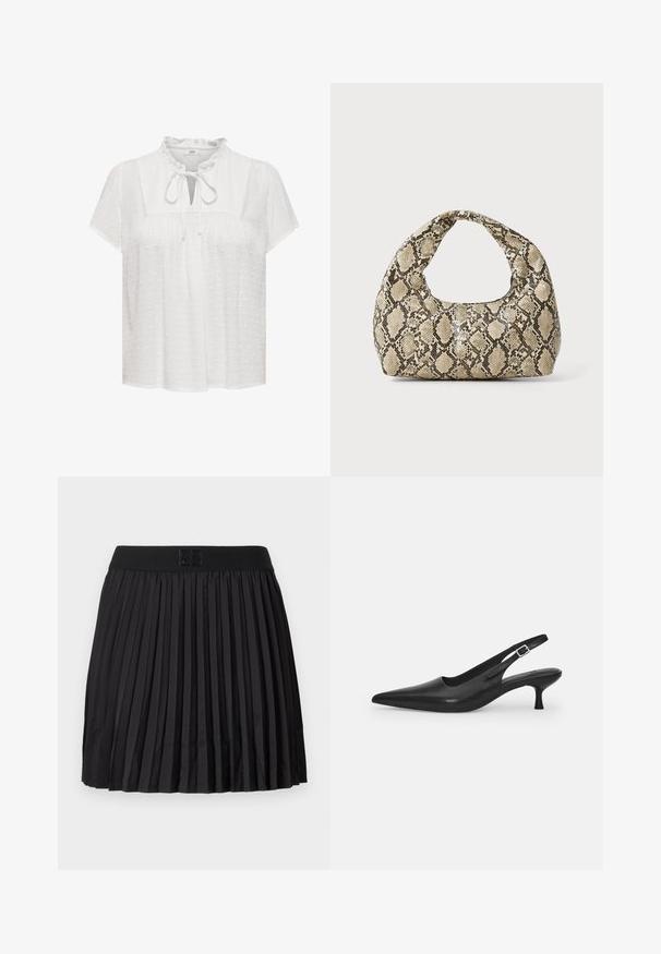 White blouse with short sleeves, ruffled neckline, keyhole front with tie detail, textured fabric featuring raised polka dots.; Black pleated skirt with a smooth texture, featuring a solid black waistband and an embossed logo detail at the front.; Black leather slingback shoe with a pointed toe and a slim, curved heel. Features a discrete adjustable strap with a metal buckle.; Snake-print handbag with a curved handle. Made from textured, beige and brown materials, featuring a distinctive diamond pattern.