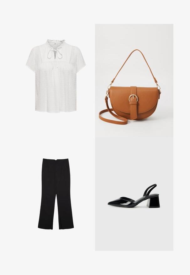 Weiße Bluse mit kurzen Ärmeln, Rüschenausschnitt, Schlüssel-Design vorne mit Bindeband, strukturierter Stoff mit erhabenen Punkten.; Schwarze Hose mit geradem Schnitt, ausgestattet mit Fronttaschen und Seitenschlitzen am Saum. Hergestellt aus weichem, glattem Stoff. Geeignet für verschiedene Anlässe.; Schwarze Lackleder-Slingback-High Heels mit spitzem Schuh und einem geometrischen Blockabsatz. Verfügt über ein schlankes, minimalistisches Design und eine glatte Textur.; Braune Leder-Crossbody-Tasche mit geschwungener Form, goldfarbenen Beschlägen und einer Schnallenakzentuierung. Verfügt über einen abnehmbaren Schultergurt.