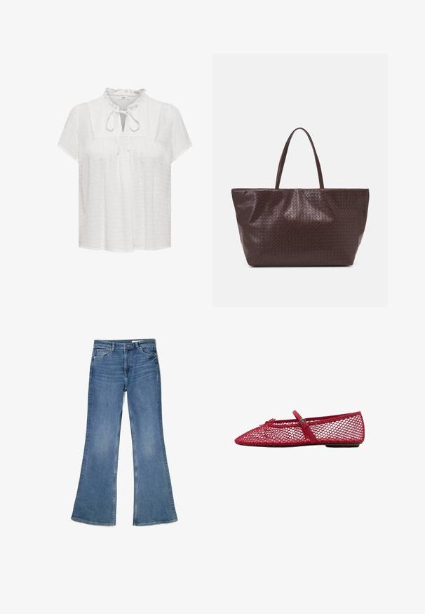 Blouse blanche à manches courtes, encolure à volants, devant avec ouverture en forme de clé et détail de nœud, tissu texturé avec des pois en relief.; Jean évasé bleu en denim, avec une taille mi-haute, cinq poches et une texture délavée avec des détails de couture le long des coutures.; Ballerines en maille rouge avec un bout pointu, dotées d'une fine bride et d'un détail à boucle. La tige présente un motif ouvert en nid d'abeille.; Sac à tote en cuir tressé marron avec deux poignées, une forme structurée et une surface texturée, présentant un motif en losanges sur toute sa surface.