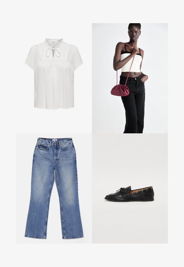 Bluză albă cu mâneci scurte, guler volănaș, decolteu în formă de cheie cu detaliu de legare, țesătură texturată cu puncte polka reliefate.; RE/DONE LOOSE - Blugi bootcut - hacienda; Mocasini din piele neagră cu fundiță legată, având accente aurii sub formă de ochiuri pe laterale și o talpă plată din cauciuc. Textură netedă, design clasic.; Geantă dintr-un material moale de culoare burgundă, cu un design plisat și o curea lungă, purtată pe umăr. Modelul poartă un top alb scurt și blugi negri.