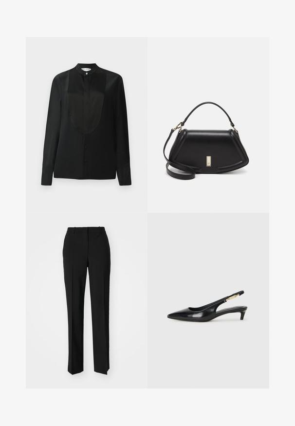 Schwarzes Langarmhemd aus glattem Stoff, mit einem hohen Kragen, einer Knopfleiste und einem glatten Details auf der Vorderseite.; Schwarze, taillierte Hose mit geradem Bein, aus einem glatten Stoff und mit klaren Falten an der Vorderseite. Keine sichtbare Hardware.; Schwarze Leder-Slingback-Pumps mit spitzem Schuhblatt, ausgestattet mit einem schlanken Absatz und einem goldfarbigen Akzent am verstellbaren Riemen. Glatte Textur.; Schwarze Lederhandtasche mit einem strukturierten Design, das eine verkürzte Form, einen oberen Griff und goldfarbene Hardware-Details aufweist. Verstellbarer Schulterriemen ist enthalten.