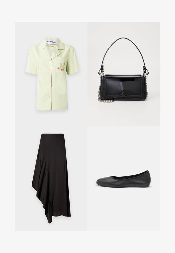 Short-sleeve light green cotton shirt with pink piping, featuring a front pocket adorned with colorful floral embroidery and five buttons.; AERON ASTER SKIRT - Pencil skirt - black; Black leather ballet flat with a rounded toe, smooth texture, minimal stitching detail, and a flexible sole design.; Black patent leather handbag with a rectangular shape, chain strap, and a distinctive hardware accent in the center. Smooth texture.