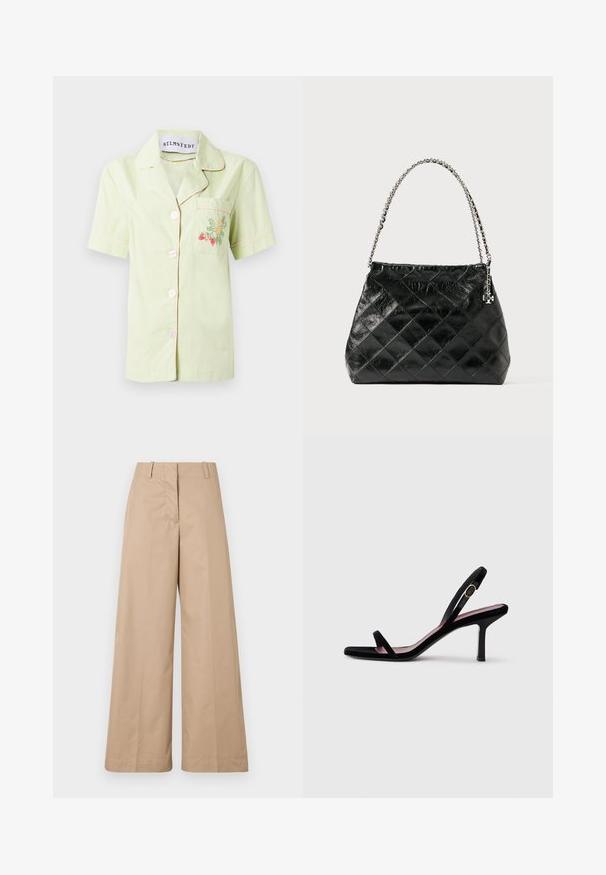 Cămașă din bumbac de culoare verde deschis, cu mâneci scurte și detalii din pipă mov, având o croială cu un buzunar frontal împodobit cu broderie florală colorată și cinci nasturi.; Pantaloni bej cu croi larg dintr-un material de bumbac fin, având o talie concepută și un față plată, proiectați pentru o potrivire relaxată și linii curate.; Sandală pentru femei cu toc înalt, din suede negru, cu bretele subțiri și un cataramă aurie, pe un fundal alb, văzută din lateral.; Geantă de mână din piele neagră matlasată, cu mâner din lănțișor argintiu, cu un design structurat și textură netedă.