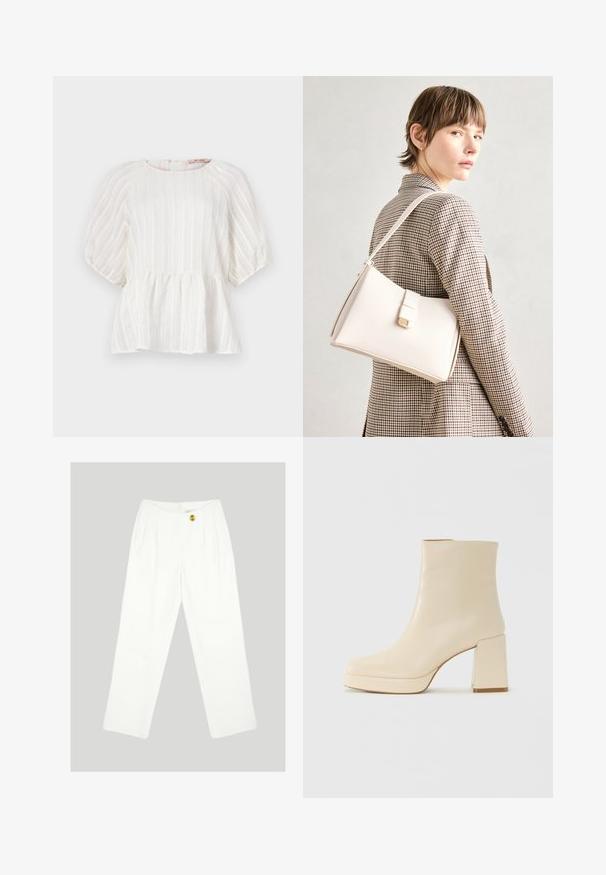 Biela blúzka s vertikálnymi pruhmi, krátkymi nariasenými rukávmi, okrúhlym výstrihom a nariaseným peplum spodkom. Vyrobená z ľahkej, textúrovanej látky.; Biele nohavice s širokými nohavicami vyrobené z hladkej tkaniny. Majú jediné zapínanie na žltý gombík a plisovaný predný dizajn. Žiadne viditeľné vrecká.; Béžová kožená členková obuv s blokovým podpätkom a platformou, hladký povrch a mierne štvorcová špička, orientovaná doľava na bielom pozadí.; Biely kožený kabelka so štruktúrovaným dizajnom, s magnetickým uzáverom a ramenným popruhom, vystavená na neutrálnom pozadí.