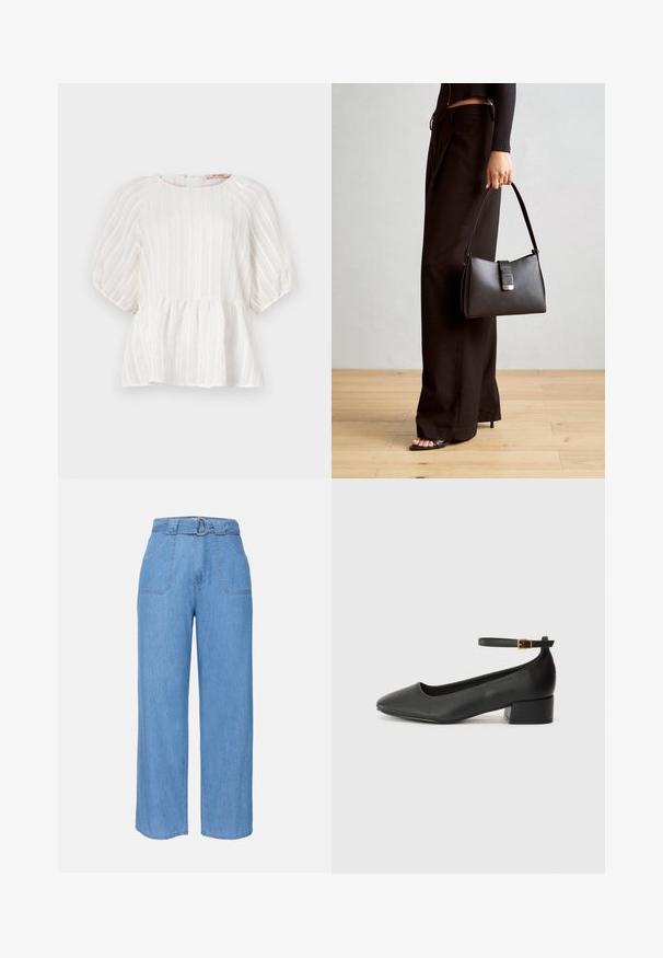 Bela bluzica z vertikalnimi črtami, kratkimi napihnjenimi rokavi, okroglim izrezom in nabranim peplum robom. Narejena je iz lahkega, teksturiranega materiala.; Svijetloplave traper široke hlače s pojasom, dva prednja džepa i jednostavnom teksturom. Ima minimalistički dizajn i čiste linije.; Črne usnjene pumpice z nazobčanimi prsti in nizko blokasto peto. Imajo trak okoli gležnja z zaponko v zlatem tonu. Gladka tekstura.; Črna torbica z strukturirano obliko, gladko teksturo in kovinskim zaponko. Ujemajo se z širokimi črnimi hlačami in odprtimi sandali na lesenem tleh.