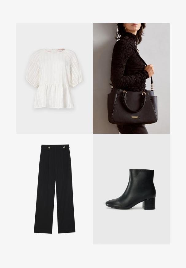 Blusa branca com riscas verticais, mangas curtas tipo puff, decote redondo e bainha peplum franzida. Feita de um tecido leve e texturizado.; Calças largas pretas com cintura alta, detalhes em botão na cintura e pregas frontais.; Botas de tornozelo em pele preta com bico pontiagudo e um salto robusto. Textura suave com acentos mínimos e um design ajustado e elegante.; Bolsa preta com superfície texturizada, alças superiores duplas e alça de ombro ajustável. Apresenta ferragens em tom dourado e bolsos laterais.