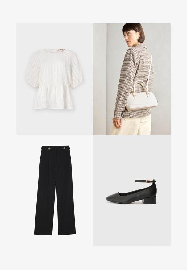 Blusa branca com riscas verticais, mangas curtas tipo puff, decote redondo e bainha peplum franzida. Feita de um tecido leve e texturizado.; Calças largas pretas com cintura alta, detalhes em botão na cintura e pregas frontais.; Sandal de pele preta com bico pontiagudo e um salto bloco baixo. Apresenta uma tira no tornozelo com uma fivela em tom dourado. Textura suave.; Bolsa estruturada branca com alças curtas e uma alça de ombro, com detalhes em hardware dourado e material texturizado, exibida contra um fundo cinza.