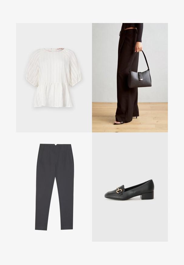 Weiße Bluse mit vertikalen Streifen, kurzen Puffärmeln, rundem Ausschnitt und gerafftem Peplum-Saum. Hergestellt aus leichtem, strukturiertem Stoff.; Dunkelgraue, taillierte Hose mit seitlichen Taschen und vorderen Falten, entworfen für eine maßgeschneiderte Passform.; Schwarze Lederloafers mit flachem Absatz, die auf der Vorderseite ein dekoratives goldfarbenes Hardware-Detail und eine glatte Textur aufweisen.; Schwarze Handtasche mit strukturierter Form, glatter Textur und einem metallischen Verschluss. Kombiniert mit weiten schwarzen Hosen und offenen Sandalen auf einem Holzboden.