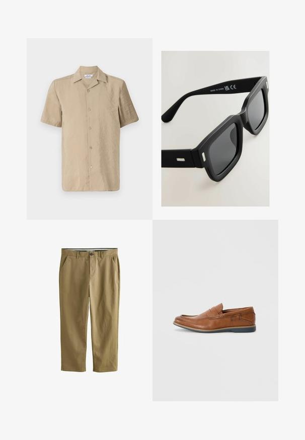 Vaaleanbeige lyhythihainen paita, joka on valmistettu kevyestä kankasta, jossa on nappi-etumus, klassinen kaulus ja hieman teksturoitu pinta.; Khaki chinot, joka on valmistettu puuvillasekoitteesta. Niissä on kaksi sivutaskua, nappikiinnitys, suorat lahkeet ja sileä pinta.; Ruske nahkakengät, joissa on pyöreä kärki, ommeltuja yksityiskohtia ja matala kumipohja. Suunnittelussa on yläosaa kiertävä nauha.; Mustat suorakulmion muotoiset aurinkolasit, joissa on matta pinta, tummat linssit ja hopeiset yksityiskohdat sankoissa. Ominaisuuksiin kuuluu paksu kehysmuotoilu ja sileä rakenne.