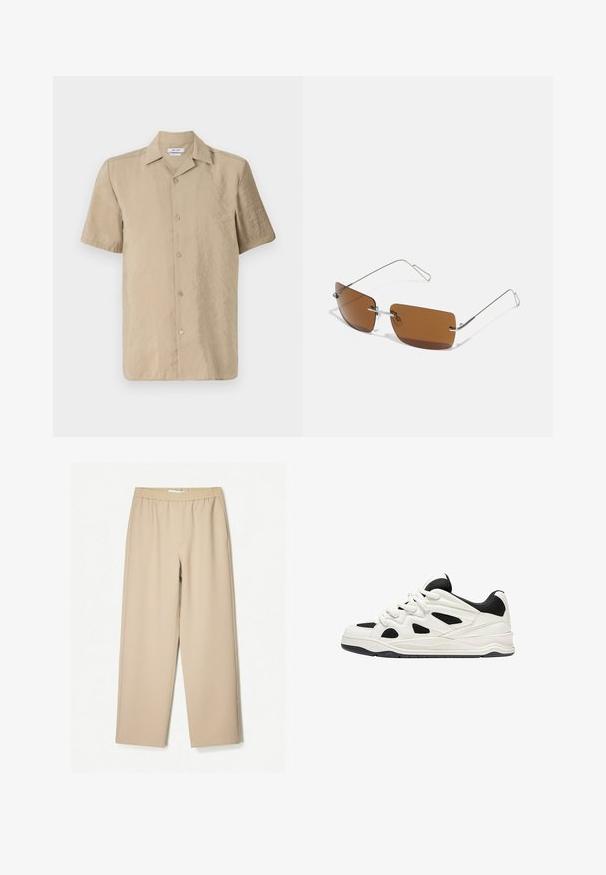 Beige rövidujjú ing, könnyű anyagból, gombos elülső résszel, klasszikus gallérral és enyhén texturált felülettel.; Beige színű, bő szárú nadrág, gumis derékkal, puha anyagból készült, sima tapintással és minimális varrási részletekkel.; Fehér és fekete sportcipők, texturált talppal, oldalt kivágott mintákkal és fűzős megoldással, valamint párnázott hátsó résszel a támasz érdekében.; Barna, téglalap alakú napszemüveg vékony ezüst drótvázakkal és orrtámaszokkal. A lencsék laposak és enyhén árnyékoltak.; Fehér gyöngy nyaklánc, egységes kerek alakú, sima felületű, fémből készült kapoccsal, állítható hosszúságú meghosszabbító lánccal.