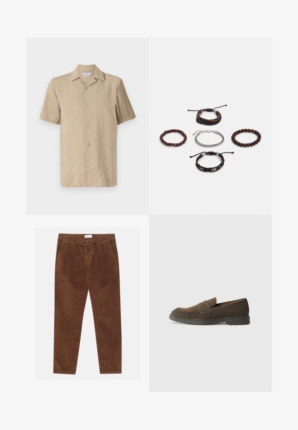 Vaaleanbeige lyhythihainen paita, joka on valmistettu kevyestä kankasta, jossa on nappi-etumus, klassinen kaulus ja hieman teksturoitu pinta.; Pier One Housut - brown; Ruskeat mokka loaferit, joissa on pyöreä kärki, nauha vampin yli ja litteä kumipohja. Yksinkertainen muotoilu, jossa on puhtaat linjat ja minimaalinen yksityiskohtaisuus.; Setti viiden rannekorun, joissa on ruskeaa nahkaa, puuhelmiä ja hopeaketju; vaihteleva tekstuuri ja muoto, säädettävillä sulkimilla.