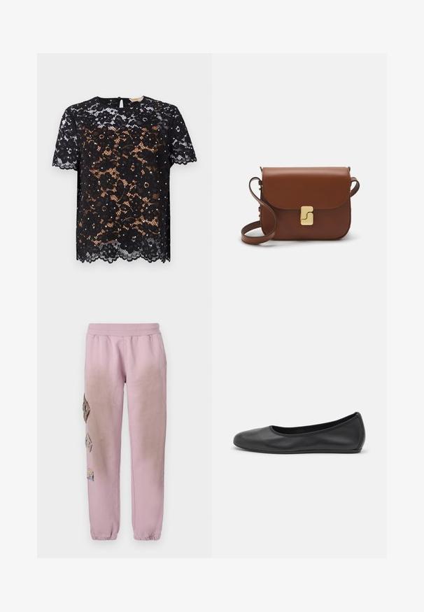 Haut en dentelle noire avec des motifs floraux et des manches courtes. Texture lisse avec un ourlet festonné et une fermeture à bouton en forme de clé au dos.; T-shirt blanc à manches courtes en tissu côtelé. Col rond, coupe régulière et détails de couture subtils. Aucune motif ni graphique.; Pantalon de survêtement rose avec une taille élastique, présentant des patches décoratifs en forme de diamant sur le côté gauche et des poignets élastiques aux chevilles.; Ballerines en cuir noir avec un bout rond, texture lisse, détails de couture minimalistes et design de semelle flexible.; Sac à main en cuir marron avec une fermeture à rabat, des accents en métal doré, une bandoulière et une texture lisse. Forme rectangulaire compacte.