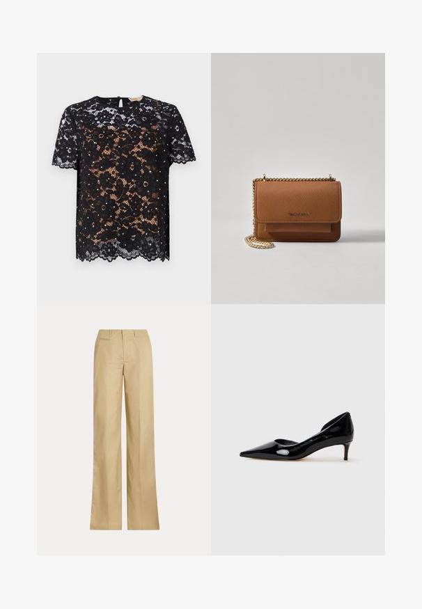 Črna čipkasta majica z cvetličnim vzorcem in kratkimi rokavi. Gladka tekstura z valovitim robom in zaponko z luknjo na hrbtni strani.; Bež hlače širokega kroja iz gladkega bombaža, z klasičnim pasom in zadnjim žepom, ravnim krojem in minimalnimi detajli.; Črne lakirane ženske čevlje s koničastim nosom in nizko peto, prikazane v profilu na enostavni svetlo sivi ozadju.; Rjava teksturirana usnjena torba čez ramo z zlatim verižnim trakom in zapiranjem na pokrov. Spredaj je vidna podrobnost logotipa in žep pod pokrovom.