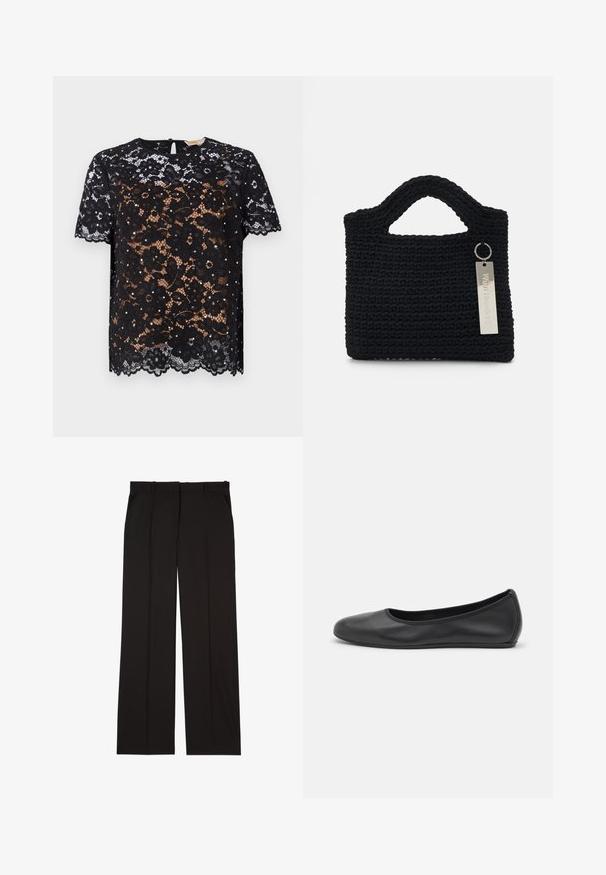 Musta pitsitoppi, jossa on kukkakuviot ja lyhyet hihat. Sujuva pinta, jossa on aaltoileva helma ja avainaukolla varustettu nappisulku selkäpuolella.; Mustat räätälöidyt housut, jotka on valmistettu sileästä kankaasta. Housuissa on suora lahje ja kaksi sivutaskua. Elegantti ja minimalistinen rakenne.; Musta nahkainen ballerina, jossa on pyöristetty kärki, sileä pinta, minimaalinen ommelkoristelu ja joustava pohjamuotoilu.; Won Hundred MARSIELLE COMPUTER BAG UNISEX - Tietokonelaukku - black