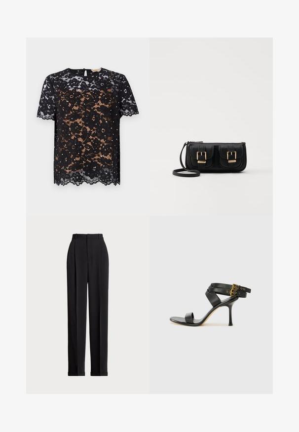 Juodas nėrinių viršus su gėlių raštais ir trumpomis rankovėmis. Lygi tekstūra su banguotu rankoviu ir rakto skylutės mygtuko uždarymu nugaros pusėje.; Juodos pritaikytos kelnės su aukštu liemeniu, su klostėmis priekyje, tiesaus kirpimo ir užlenktais kraštais. Pagamintos iš lygaus audinio.; Juodi kulniškų sandalai su kryžminėmis juostelėmis ir reguliuojamu sagtimi. Ypatybė – lygus paviršius ir siauras smailas kulnas.; Juodas odinis per petį nešiojamas krepšys su dviem priekiniais kišenėmis, auksiniais sagtimis, užtrauktuko uždarymu ir siauromis petnešomis. Textūruota paviršius ir kompaktiškas stačiakampis formatas.