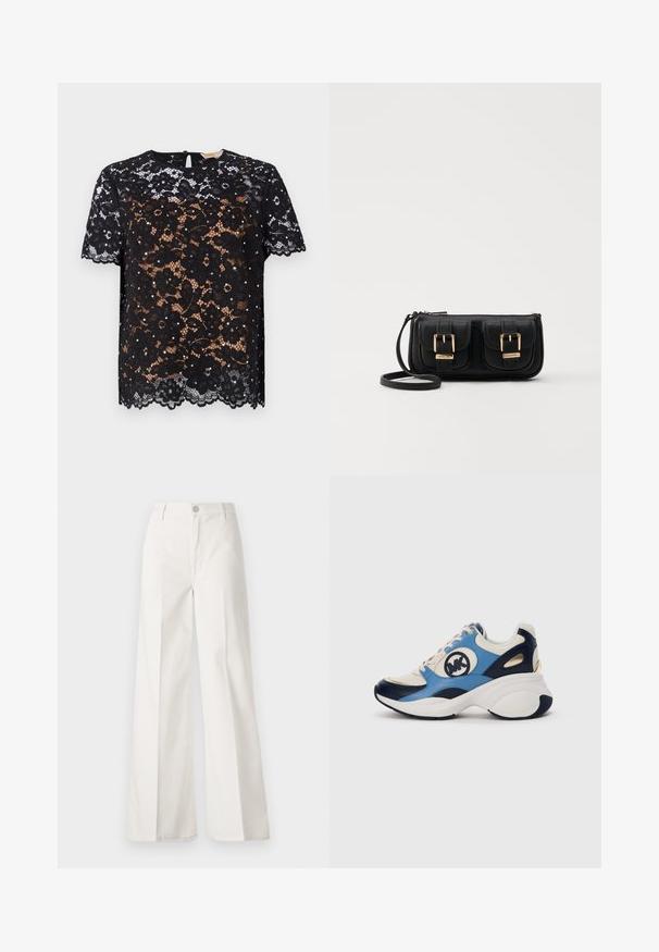 Svart blonde topp med blomsterdesign og korte ermer. Jevn tekstur med bølget kant og nøkkelhull-knappelukking bak.; Hvite vide bukser laget av bomull med en glatt tekstur. Har en frontknapp, glidelåsgylf og fire lommer.; Hvit, marineblå og lyseblå semsket sneakers med tykk såle og sirkulært brodert logo på siden.; Svart skinn crossbody veske med to frontlommer, gyldne spenner, glidelåslukking og en slank stropp. Teksturert overflate og kompakt rektangulær form.