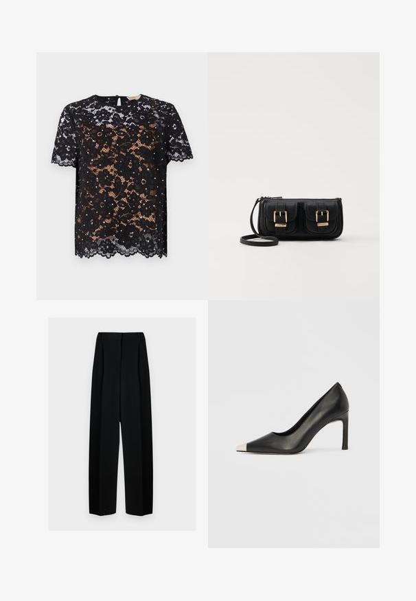 Black lace top featuring floral patterns and short sleeves. Smooth texture with a scalloped hem and keyhole button closure at the back.; Black wide-leg trousers with a high waist, featuring pleats and a smooth texture. The fabric appears lightweight and drapes elegantly.; Black leather high heel shoe with a pointed toe and a metallic silver cap. Features a smooth finish and a slender 10 cm heel.; Black leather crossbody bag with two front pockets, gold buckles, zipper closure, and a slim strap. Textured surface and compact rectangular shape.