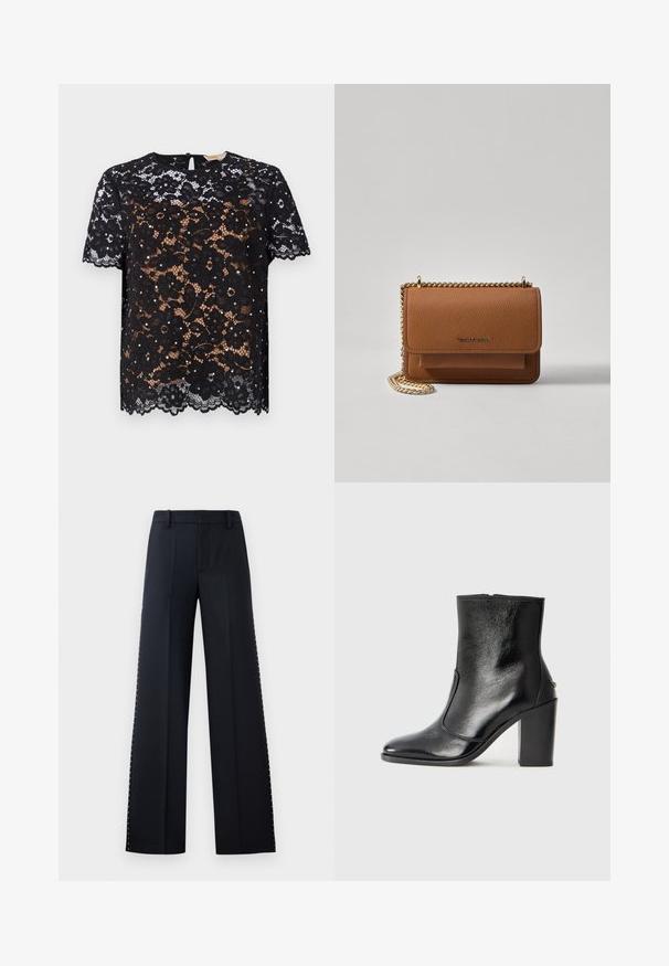 Top din dantelă neagră cu modele florale și mâneci scurte. Textură netedă, cu un tiv zimțat și închidere cu buton în formă de orificiu la spate.; Pantaloni cu croi larg, de culoare neagră. Croi ajustat cu o textură netedă. Prezentază o serie de nituri metalice de-a lungul cusăturilor laterale pentru detaliu.; Botină din piele neagră, cu o textură netedă, vârf ascuțit și toc gros, înalt. Dispune de o deschidere laterală și un design minimalist.; Geantă crossbody din piele texturată maro, cu curea din lanț aurit și închidere cu clapetă. Partea din față prezintă detalii cu logo și o buzunar sub clapetă.
