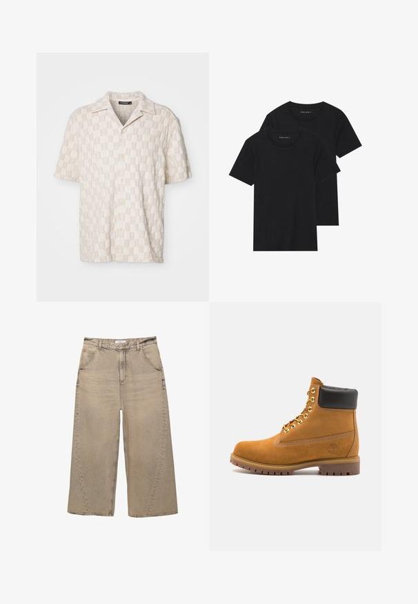 Kurzärmliges, beigefarbenes, karriertes Hemd aus strukturiertem Stoff, mit einer Knopfleiste und klassischem Kragen.; Zwei schwarze Baumwoll-T-Shirts mit kurzen Ärmeln, runden Ausschnitten und einer glatten Textur, übereinander gestapelt.; PULL&BEAR MEGA BAGGY - Baggy Jeans - light grey; Beige Wildleder-Ankle-Boot mit schwarzem gepolstertem Kragen, goldenen Metallösen, weißen Nähdetalben und einer robusten Gummisohle mit ausgeprägtem Profil.