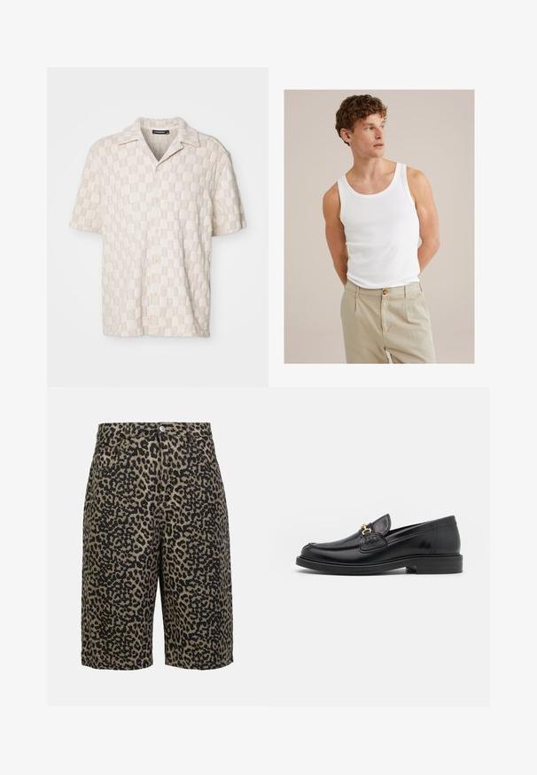 Korte mouw beige geruite shirt van gestructureerde stof, met een knoopsluiting aan de voorkant en een klassieke kraag.; Witte katoenen tanktop met een ronde halslijn en brede bandjes, gecombineerd met lichtbeige broeken met een knoop en plooien.; Leopardprint spijkershorts in aardetinten, met een knoopsluiting, vijf zakken en een relaxte pasvorm.; Zwarte leren instappers met een ronde neus, voorzien van een gouden hardware accent en stikdetails, geplaatst op een lage, getextureerde rubberen zool.