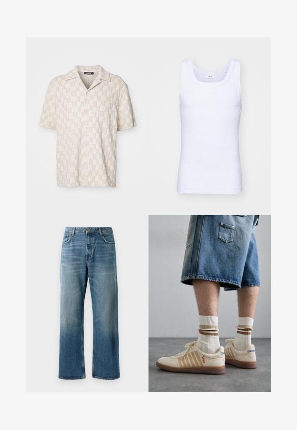 Short-sleeve beige checkered shirt made of textured fabric, featuring a button-down front and a classic collar design.; White cotton sleeveless tank top with a round neckline, featuring a smooth texture and a fitting shape, designed for casual wear.; Light blue wide-leg jeans with a faded wash, featuring single-button closure, five pockets, and contrasting stitching.; Beige retro sneakers with brown rubber sole, featuring striped accents and embroidered logos. Worn with white socks, striped brown detail.