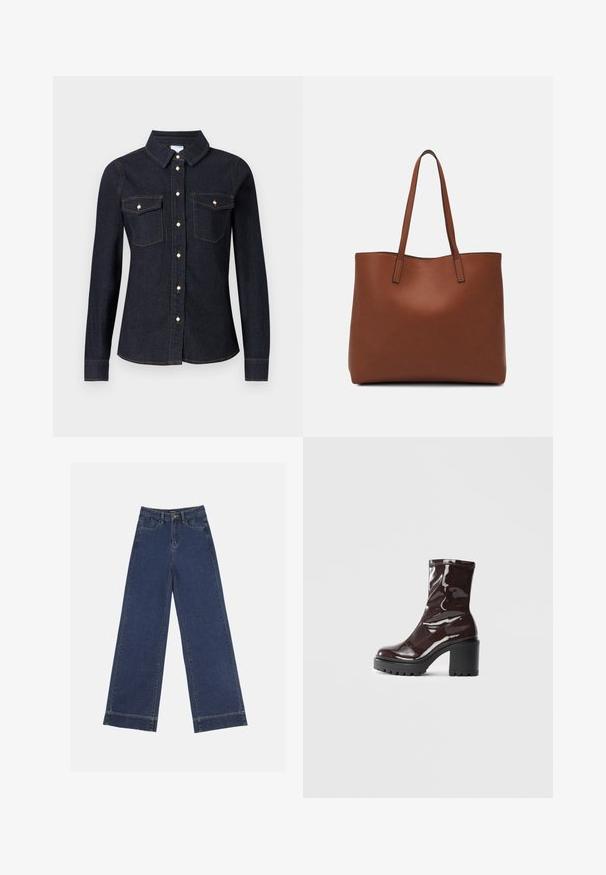 Dark denim long-sleeve shirt with a collar, two chest pockets, and button closure, featuring contrasting stitching and standard fit.; Wide-leg jeans in dark blue denim. Features five pockets, belt loops, and a raw hem at the bottom with visible stitching details.; Glossy burgundy ankle boot with a chunky black heel, featuring a smooth texture and simple design. No visible fastenings or patterns.; Brown leather tote bag with a smooth texture, open top design, and two shoulder straps. Features minimal stitching and no visible hardware.