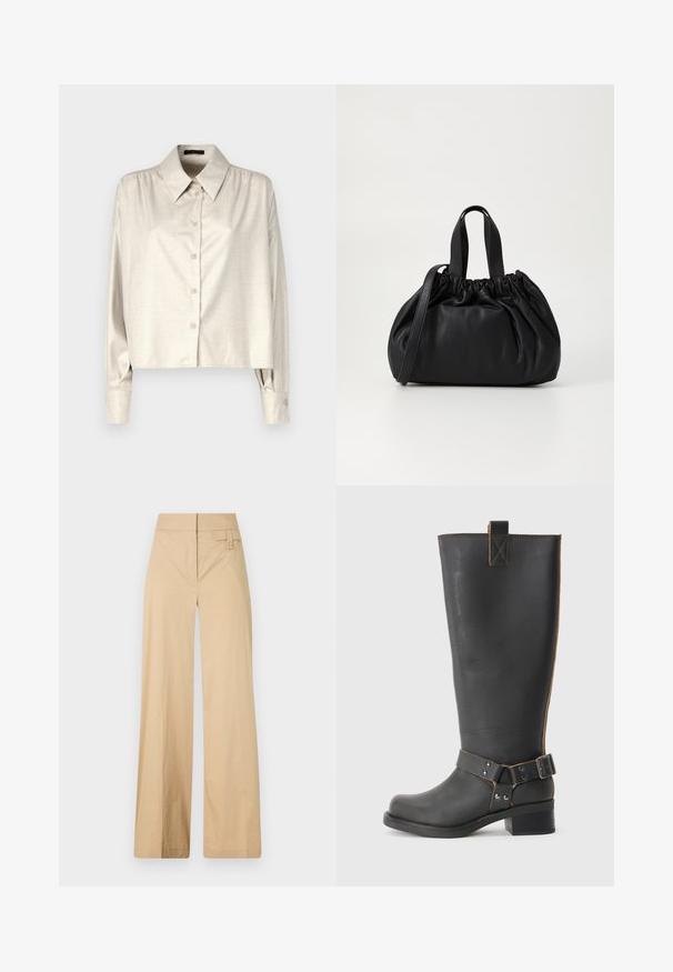 DRYKORN FLANNA - Button-down blouse - light brown; Beige wide-leg pants made of cotton blend fabric. Features a smooth texture, elastic waistband, and a side button detail.; Black leather knee-high boot with a textured finish, featuring a side buckle accent and a low heel. Detailed stitching along the seams.; Black leather handbag with a gathered top design, featuring two short handles and a long adjustable strap. Smooth texture, rounded shape.