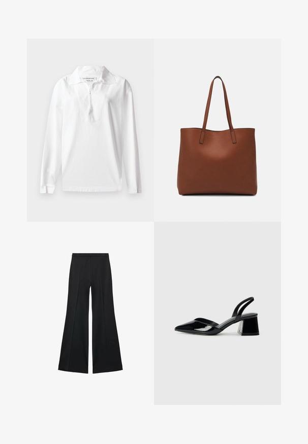 Cămașă polo albă cu mânecă lungă, fabricată din bumbac. Prezintă un guler lat și un închizător cu fermoar pe jumătate. Textură netedă și croială confortabilă.; Pantaloni negri cu croială largă, având o textură netedă, cu pliseuri frontale și un design croit. Materialul este ușor și fluid.; Pantofi cu toc slingback din piele lacuită neagră, cu vârf ascuțit și toc geometric. Prezintă un design elegant, minimalist și o textură netedă.; Geantă de umăr din piele maro cu o textură netedă, design cu vârf deschis și două curele pentru umăr. Prezintă cusături minime și fără componente metalice vizibile.