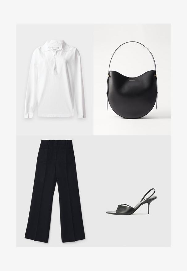 Polo shirt bianco a maniche lunghe in cotone. Presenta un ampio colletto e una mezza zip. Tessuto liscio con vestibilità comoda.; Pantaloni neri a gamba larga realizzati in un tessuto liscio, con vita alta, due tasche posteriori e pieghe frontali sottili per una maggiore forma.; Tacchi slingback in pelle nera con punta affusolata, sottile cinturino alla caviglia e tacco a spillo. Presenta un dettaglio annodato sulla tomaia.; Borsa a spalla in pelle nera con forma curva, manico sottile e sottili accenti dorati. Texture liscia con design minimalista.