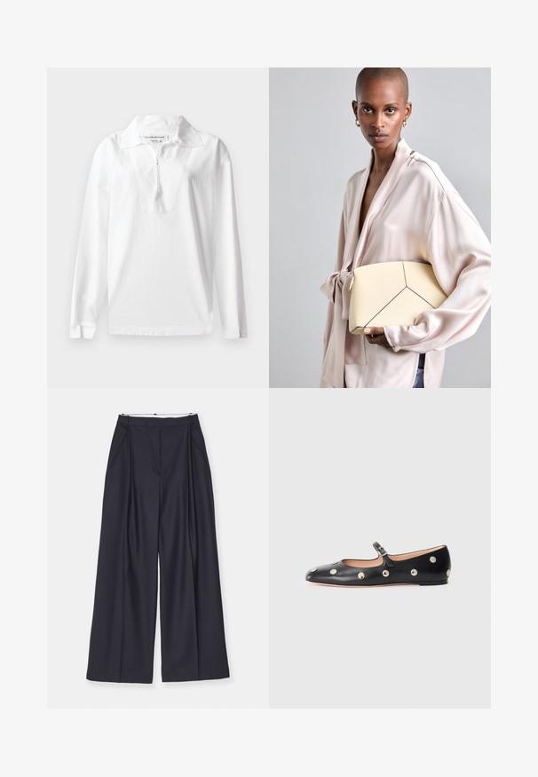White long-sleeve polo shirt made of cotton. Features a wide collar and a half-zip placket. Smooth texture with a relaxed fit.; Victoria Beckham WIDE LEG TROUSER - Trousers - midnight; Black leather Mary Jane flat shoe with a rounded toe, featuring silver circular studs and an adjustable strap with a buckle.; Cream structured handbag with contrasting black seams, featuring a geometric design. Smooth texture with gold hardware accents.