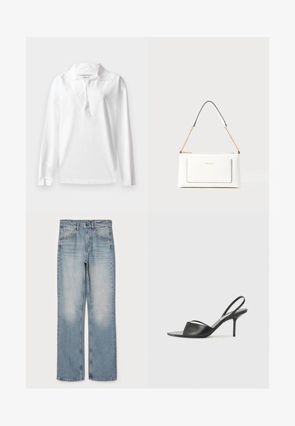 Witte lange mouwen polo shirt van katoen. Bevat een brede kraag en een halve rits. Glad textuur met een ontspannen pasvorm.; Lichtblauwe denim jeans met een rechte pasvorm, voorzien van een hoge taille, vijf zakken en subtiele vervaging op de dijen en knieën.; Zwarte leren slingback hakken met een spitse neus, dunne enkelband en stiletto hak. Bevat een geknoopte detail op de bovenkant.; Witte leren handtas met een textuurafwerking, voorzien van een gouden schouderhengsel en zwarte accenten. Inclusief een voorvak en ritssluiting.