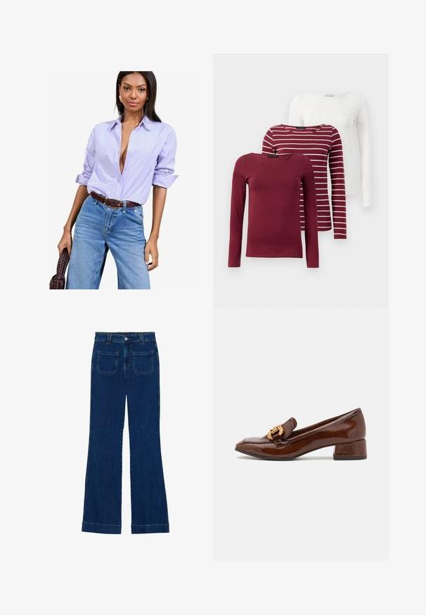 Košeľa s pruhmi levandulovej a bielej farby s rolujúcimi rukávmi, nosená s vysokými modrými denimovými džínsami a hnedým opaskom.; Tričko s dlhým rukávom: jedno jednofarbné bordové, jedno bordové s bielymi pruhmi a jedno jednofarbné biele. Všetky sú vyrobené z mäkkého, elastického materiálu.; Džínsy s rozšírenými nohavicami v tmavo modrej farbe s hladkou textúrou, dizajnom s piatimi vreckami a gombíkovým zapínaním v oblasti pása.; Hnedé kožené loafers s lesklým povrchom, s dekoratívnym zlatým prackom na prednej strane a nízkym blokovým podpätkom. Klasický dizajn.