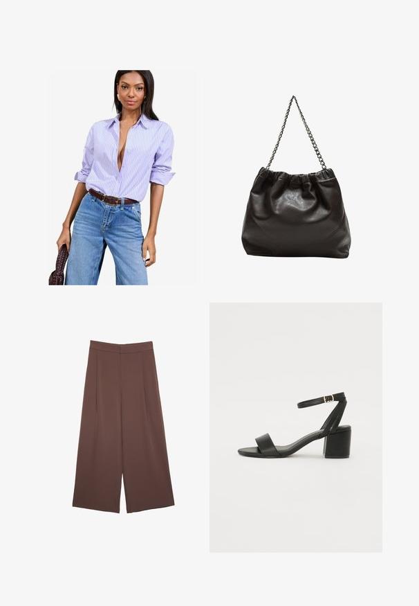 Koszula w paski w kolorze lawendy i białym z podwiniętymi rękawami, noszona z wysokimi niebieskimi dżinsami i brązowym paskiem.; Brązowe spodnie o szerokich nogawkach z gładką fakturą, z wysokim stanem i plisami z przodu. Materiał jest lekki i luźno opada.; Czarne sandały na obcasie z gładkiej skóry, z odkrytymi palcami, szerokimi przednimi paskami oraz regulowanym paskiem na kostkę z detalem w postaci złotego zapięcia.; Brązowa skórzana torba z marszczonym szczytem i łańcuszkowym paskiem. Gładka tekstura z błyszczącym wykończeniem i subtelnymi detalami szwów po bokach.
