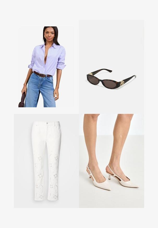 Lavender and white striped button-up shirt with rolled sleeves, worn with high-waisted blue denim jeans and a brown belt.; White cotton pants featuring floral embroidery along the legs, with a straight cut and button closure at the waist.; Beige patent leather slingback heels with a pointed toe and 5 cm heel, featuring cut-out sides and a thin ankle strap.; Tortoiseshell sunglasses with elongated oval lenses, brown tint, gold logo accents on temples, and sleek black arms.; Beige patterned handbag with a curved shape, leather accents, and a gold-tone logo on the front. Features a short handle for easy carrying.