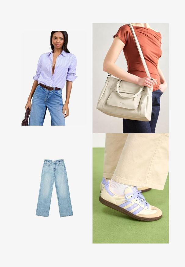Lavendel- und weiß gestreiftes Button-up-Hemd mit hochgekrempelten Ärmeln, getragen zu hochtaillierten blauen Jeans und einem braunen Gürtel.; Helle blaue Denim-Jeans mit weitem Bein und hoher Taille, im lässigen Look mit einem ausgewaschenen Finish und kleinen, verstreuten Used-Effekten.; Cremefarbene und lavendelfarbene Sneakers mit drei Streifen und einer strukturierten braunen Sohle, ausgestattet mit Schnürsenkeln und einer gepolsterten Ferse. Obermaterial aus weichem Stoff.; Weiße Lederhandtasche mit zwei Griffen und einem abnehmbaren Schulterriemen, ausgestattet mit einer vorderen Reißverschlusstasche und glatter Textur. Wird am Arm einer Person getragen.