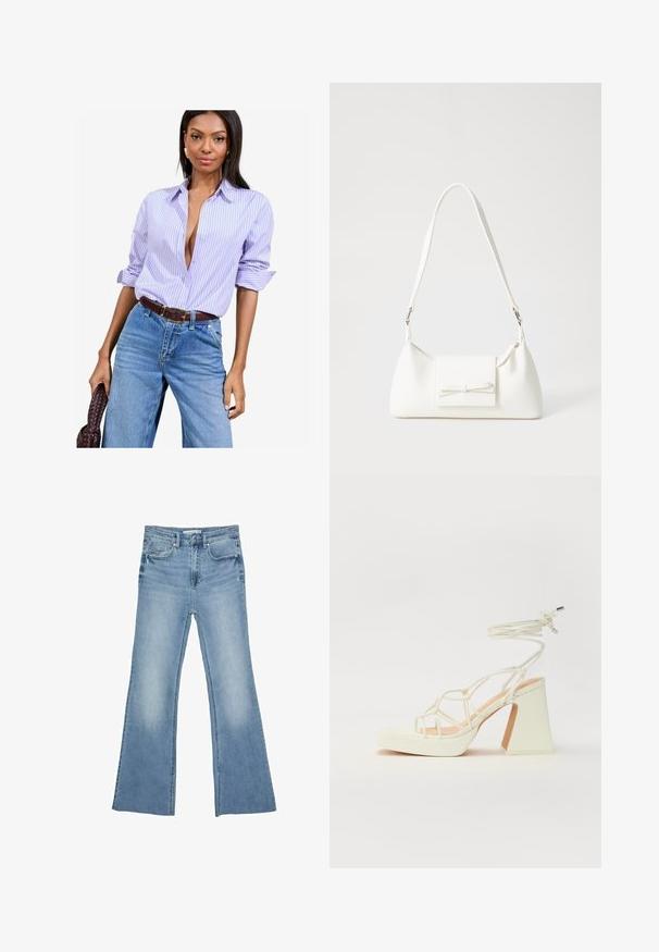 Košulja na plave i bijele pruge s dugmadi i podvrnutim rukavima, nošena s trapericama visokog struka u plavoj boji i smešnim remenom.; Svijetloplave traperice širokog kroja, klasičnog pet-džepnog dizajna, s patentnim zatvaračem i gumbom za zatvaranje.; Bijela sandala na visokoj potpetici s debelim petom, s remenom i vezanjem oko gležnja. Glatka tekstura s platformom sprijeda za dodatnu visinu.; Bijela sintetička torbica s trokutastim oblikom, ravnim prednjim poklopcem i detaljem u obliku mašne, podesivom remenom, glatkom teksturom i minimalističkim dizajnom.